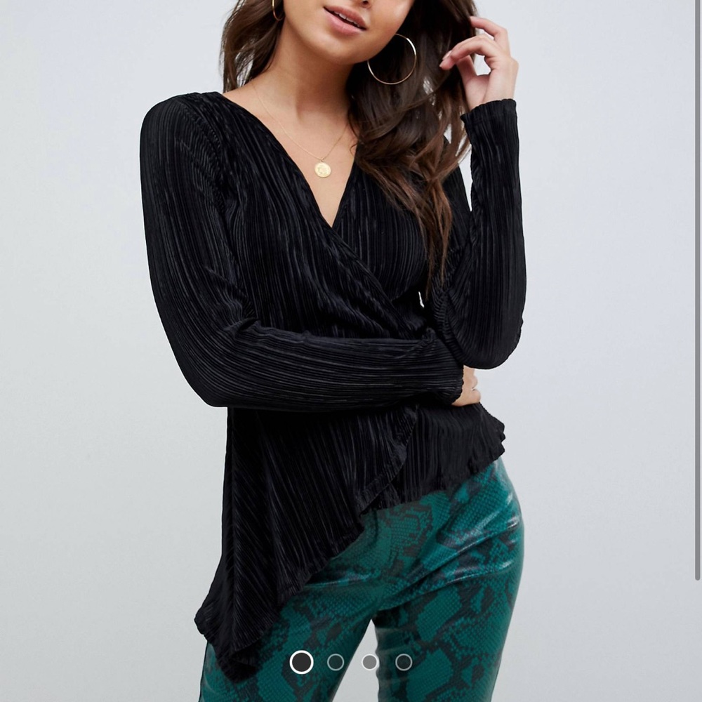 ASOS DESIGN long sleeve wrap top in plisse with asymmetrical hem